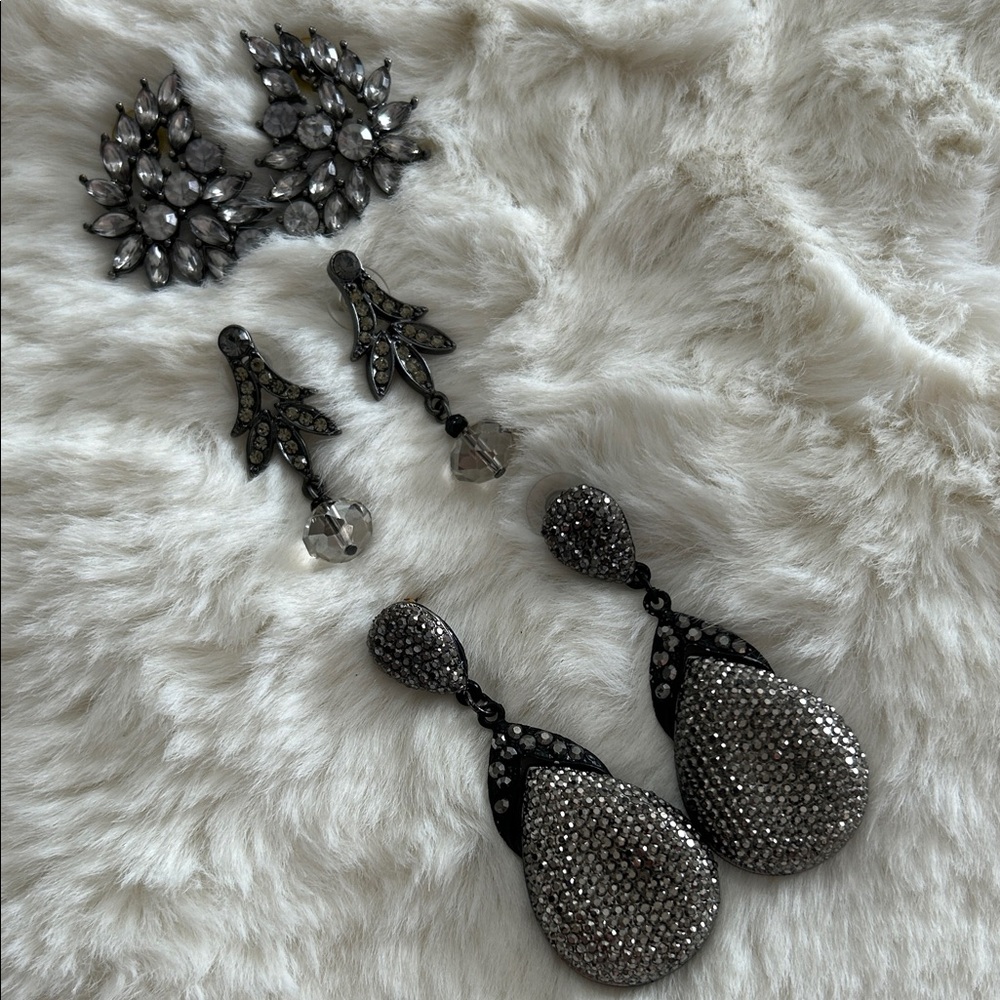 3 pairs Special Occasion Gunmetal Gray Rhinestone and crystal Glam Drop Earrings